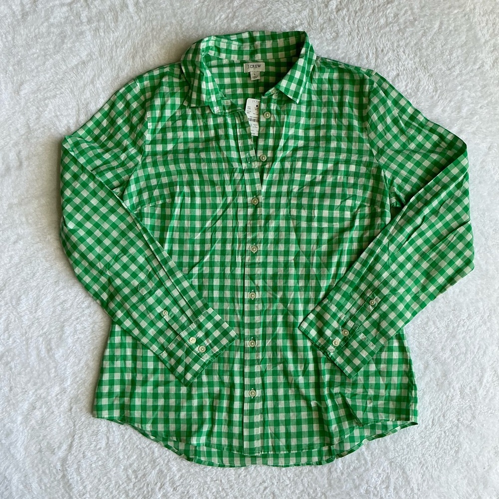 J. Crew Green and White Gingham Button-Down Shirt
